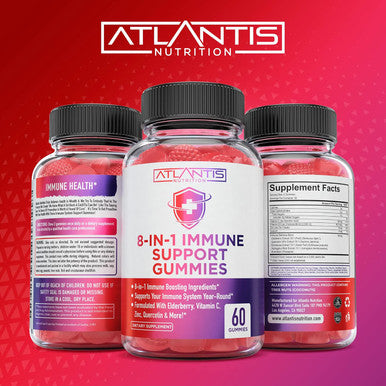 Atlantis Nutrition 8-In-1 Immune Support Gummies W/Elderberry - Immune Support Supplement W/Elderberry, Quercetin, Zinc & Vitamin C Gummies - Immunity Boosters For Adults & Kids - Delicious Elderberry Flavor - 60 Count