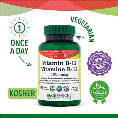 Greeniche Vitamin B 12 - 120 Tablets - Helps in Vitamin B-12 Deficiency - Helps in Red Blood Cell Formulation - Metabolize Carbohydrates, Proteins & Fats Free From Gluten, Soy & Dairy Non GMO