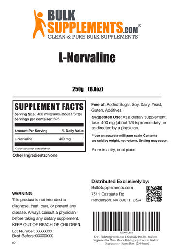 BulkSupplements L-Norvaline Powder - Amino s Supplement for Energy, Nitric Oxide Supplement - - 400mg , 630 Servings (250 Grams - 8.8 oz)