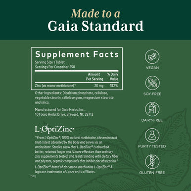 Gaia PRO Zinc 20 - Immune & Antioxidant Support Supplement - with Zinc Mono - 20mg Zinc Supplement - 250 Tablets (250 Servings)