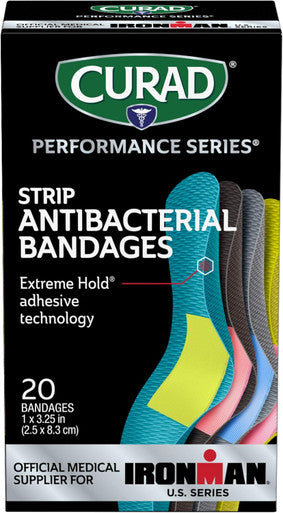 Curad Performance Series IRONMAN Antibacterial Bandages Extreme Hold Adhesive Technology Standard Size Flexible Fabric Bandages for Cuts Scrapes & Burns Assorted Colors 1 x 3.25 inches 20 Count