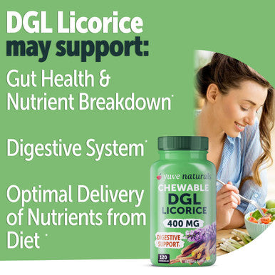 Yuve Vegan Dgl Licorice Chewable Tablets 400Mg - Support Stomach, Gut & Intestinal Relief - Natural Acid Reflux Formula - Ultra Pure Dgl Deglycyrrhizinated Licorice Root Extract Dgl Supplement - 120Ct