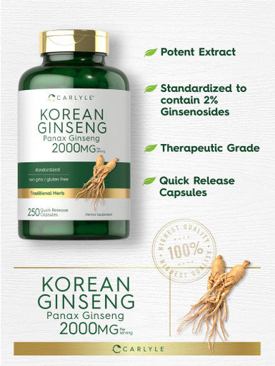 Carlyle Korean Ginseng Extract Capsules 2000 Mg | 250 Capsules | Non-Gmo And Gluten Free Formula | Standardized Panax Ginseng