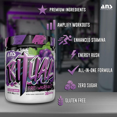 ANS Performance Ritual Pre Workout (30 servings, 12.7 oz) - Complete Preworkout Formula Workout Volume - Endurance & Stamina (Grape)