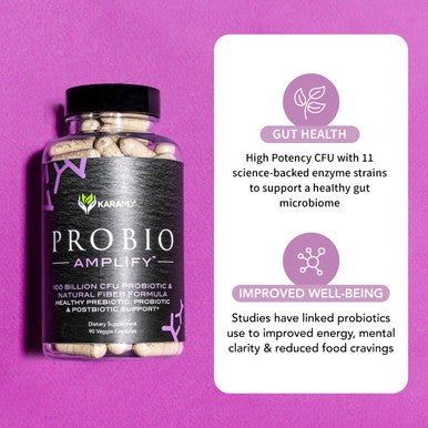 Karamd Probio Amplify - High Potency Cfus, 11 Enzyme Strains & Healthy Natural Fiber - Probiotic Supplement For Digestive Support & Gut Health - Vegetable Capsules - 30 Servings (90 Capsules)