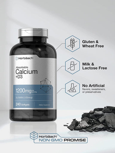 Calcium with Vitamin D3 | 1200 mg | 240 Softgels | 5000 IU Vitamin D3 | Absorbable Calcium Supplement | Non-GMO, Gluten Free Calcium Supplement | by Horbaach