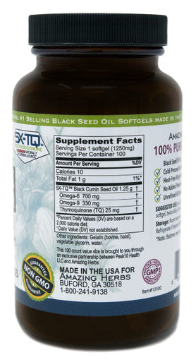 Amazing Herbs Black Seed Oil Pills 1250Mg, 100 Softgel Capsules - Cold-Pressed | Non Gmo