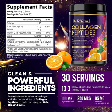 Built Nature Collagen Powder, Hydrolyzed Type 1 & 3 Peptides, Grass-Fed With Hyaluronic Acid And Vitamin C, Healthy Hair, Skin, Nails, Bones & Joints, Keto & Paleo Friendly, Non-Gmo, Citrus Flavor 30 Servings