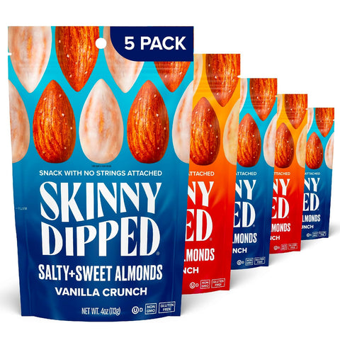 SkinnyDipped Salty + Sweet Maple Almond Crunch, Healthy Snack, Plant Protein, Gluten Free, 4 oz Resealable Bags, Pack of 5