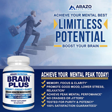Premium Brain Function Supplement Memory Focus Clarity Nootropic Booster with DMAE Bacopa Monnieri LGlutamine Multi Vitamins Multi Minerals Arazo Nutrition