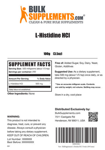 BulkSupplements L-Histidine Powder - Amino s Supplement for Immune Support - Unflavored, Powder - 500mg (100 Grams - 3.5 oz)