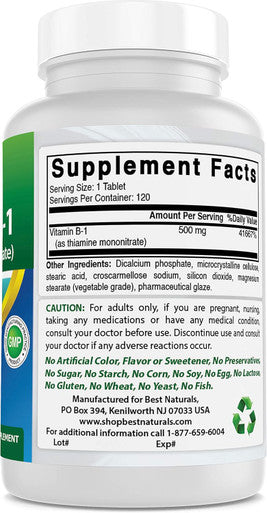 Best Naturals Vitamin B1 as Thiamine Mononitrate 500 mg 120 Tablets (120 Count (Pack of 1))
