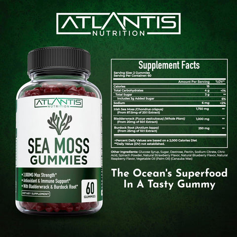 Irish Sea Moss Gummies 3000MG Formulated w/ Irish Sea Moss Bladderwrack and Burdock Root Contain Essential Vitamin and Mineral AntioxidantRich Superfood Supplement 60 Sea Moss Gummies for Adults