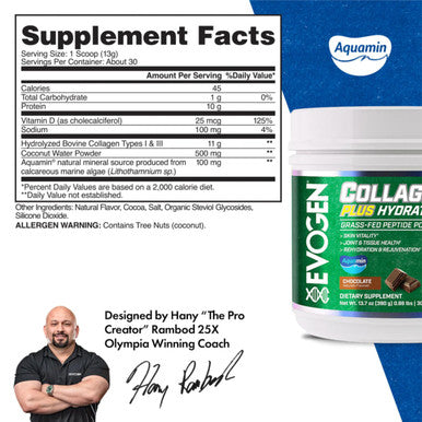 Evogen Collagen Plus Hydration - Grass-Fed Collagen for Women & Men | Collagen Peptides Powder | Collagen Powder Supporting Skin Vitality Hydration Joint & Tissue Health | Chocolate | 30 Servings
