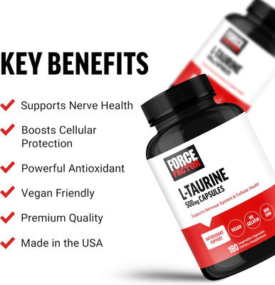 Force Factor Taurine Supplement Taurine 500mg Capsules Antioxidant Supplement to Support Nervous System and Cellular Health Vegan No Gelatin Non-GMO 180 Vegetable Capsules