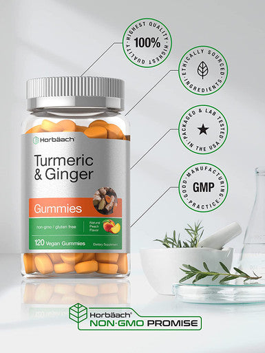 Turmeric and Ginger Gummies | 120 Count | Peach Flavor | Vegan Non-GMO & Gluten Free Supplement | by Horbaach