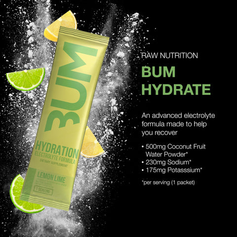 Raw Electrolytes Powder Hydration Drink Mix Packets Bum Hydrate (Lemon Lime 20 Servings) - Electrolyte Hydration Packets Supports Muscle Function & Endurance - Keto Free Electrolytes Powder Packets