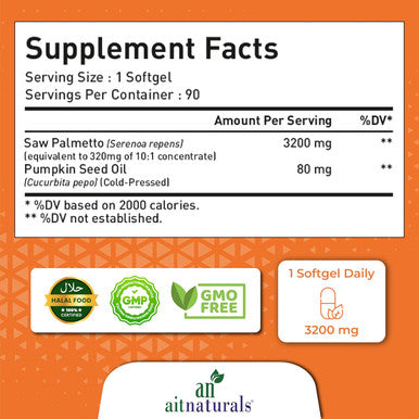 Aitnaturals Saw Palmetto Extract(3200mg) -90 Softgels with Pumpkin Seed Oil(80mg) Herbal Health Supplement Supports Prostate & Urinary Tract Health DHT Blocker | Promotes Hair Growth & Immune System