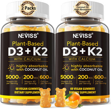 Vitamin D3 5000Iu & K2( As Mk7 ) 200Mcg Gummies + 600Mg Calcium, With Coconut Oil For High Absorption, Maximum Strength Vitamin D3 K2 Supplement - Support For Bones Muscle Teeth Immune, Vegan 2Packs