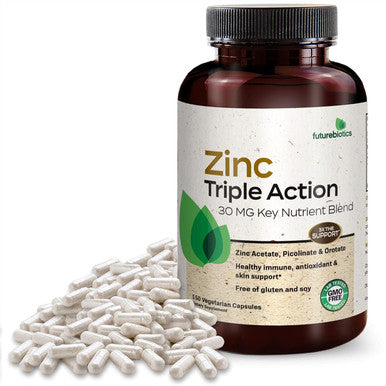 Futurebiotics Zinc Triple Action 30Mg Key Nutrient Blend Immune Support Zinc Supplement With Zinc Acetate, Picolinate & Orotate - Immune, Antioxidant & Skin Health Support - 150 Vegetarian Capsules