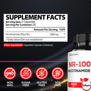 1000Mg Nad Supplement With Nicotinamide Riboside Nr - Cellular Support, Aging Health, Overall Wellness - 60 Count Supply For 30 Days