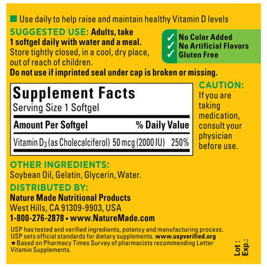 Nature Made Vitamin D3 90 Softgels Vitamin D 2000 Iu (50 Mcg) Helps Support Immune Health Strong Bones And Teeth & Muscle Function 250% Of The Daily Value For Vitamin D In One Daily Softgel