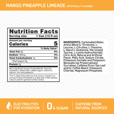 Optimum Nutrition Amino Energy Drink + Electrolytes For Hydration - Sugar Free Amino Acids Bcaa Keto Friendly Sparkling Drink-Mango Pineapple Limeade 12 Fl Oz (Pack Of 12) (Packaging May Vary)