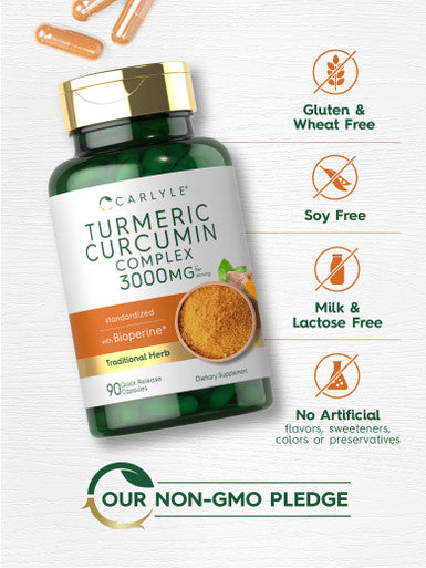 Carlyle Turmeric Curcumin With Black Pepper 3000Mg | 90 Powder Capsules | Complex Supplement With Bioperine | Non-Gmo, Gluten