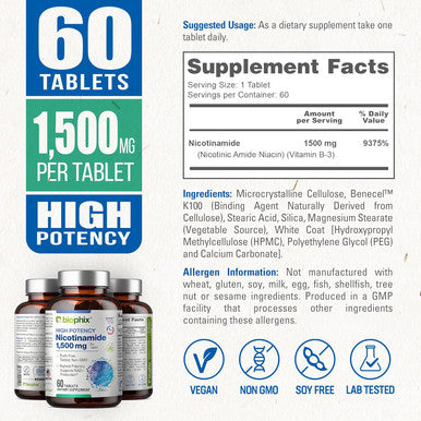 Biophix B-3 Nicotinamide 1500 Mg 60 Tablets Maximum Strength - Nicotinic Amide Niacin Natural Flush- Vitamin Formula - Supports Skin Cell Health
