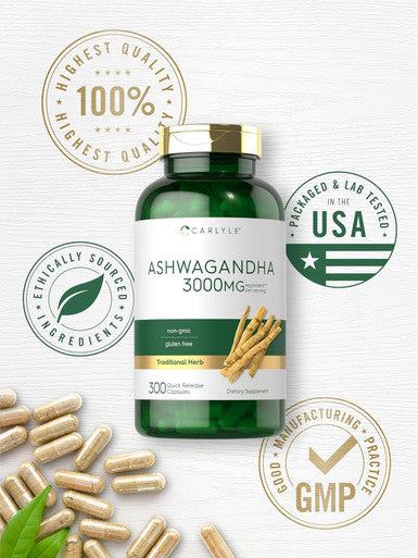 Carlyle Ashwagandha Supplement 3000mg | 300 Capsules | Root Extract Supplement | Non-GMO Gluten
