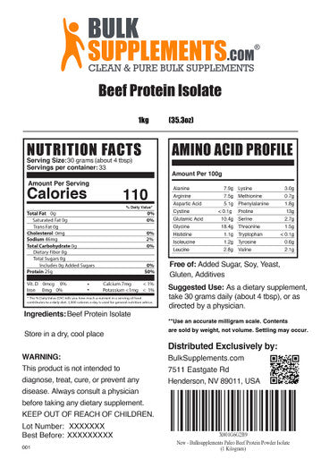BulkSupplements Beef Protein Isolate Powder - No Added, , Lactose Free Protein Powder, Keto Friendly - 25g of Protein - 30g (1 Kilogram - 2.2 lbs)