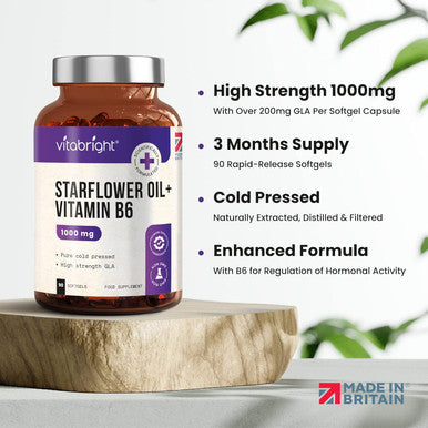 Vitabright Starflower Oil Capsules 1000mg 3 Months High GLA Borage Oil Capsules with Vitamin B6 Cold Pressed Star Flower Oil Capsules (1000mg Softgels) Vitabright Starflower Oil Capsules High Strength