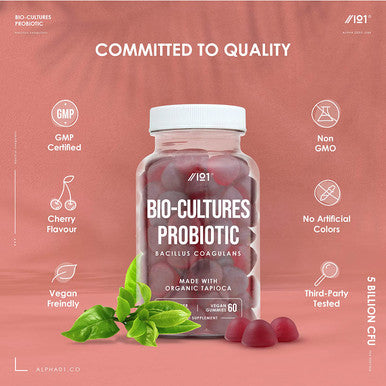 Bio Complex Probiotic Cultures Gummies - 5B CFU Bacillus Coagulants Per Serving - Non-GMO, Gluten , Halal, Cherry Flavour - 60 Vegan Gummies. 1 Pack
