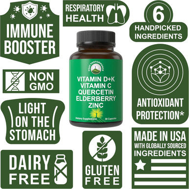 Immune Support Supplement With 6 Top Ingredients. Vitamin D3 K2 + Vitamin C + Elderberry + Zinc + Quercetin. Includes 5000 Iu Vitamin D. Zinc 15Mg. Immunity Capsules. Supplements For Women And Men