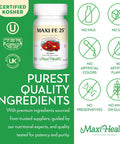 Maxi Health Iron Supplement for Women & Men - Gentle Iron 25 mg for the Stomach - Non Constipating Iron Pills - Kosher - Non GMO - Vegetarian (100 Tablets)