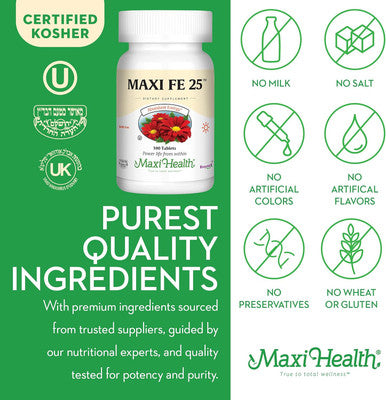 Maxi Health Iron Supplement for Women & Men - Gentle Iron 25 mg for the Stomach - Non Constipating Iron Pills - Kosher - Non GMO - Vegetarian (100 Tablets)