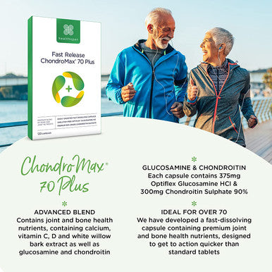 Healthspan Glucosamine & Chondroitin 70 Plus | 120 Capsules | Joint Health | 375mg Optiflex Glucosamine HCI & 300mg Chondroitin Sulphate 90% | with Vitamins C, D3 and Calcium