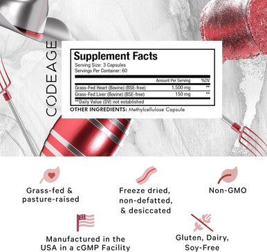 Codeage Grass Fed Beef Heart Supplement - ze Dried Non-Defatted Desiccated Beef Heart Glandular Supplements - Bovine Meat & Liver Pills - Beef Vitamins for Heart - Non-GMO -180 Capsules