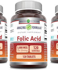 Amazing Nutrition Formulas Folic Acid Supplement | 5000 Mcg | 120 Tablets | Non-GMO | Gluten | Made in USA (3 Pack)
