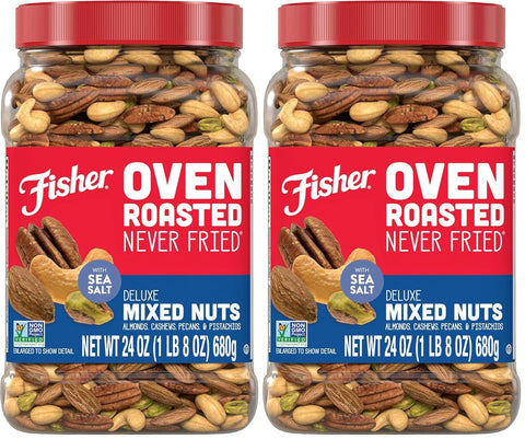 Fisher Oven Roasted Never Fried Mixed Nuts with Peanuts, 24 Ounces | Pack Of 1, Peanuts, Almonds, Cashews, Pistachios, Pecans, Trail Mix, Healthy Snacks For Adults, Made With Sea Salt