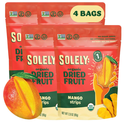 SOLELY - Organic Dried Mango Strips (5 oz Resealable Bags, Pack of 6) - Real Fresh Fruit - 1 Ingredient - Healthy Snacks for Adults & Kids - Non GMO, Vegan Snacks, Shelf Stable - 6 Bags (30 oz)
