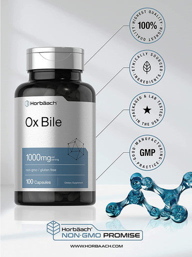 Ox Bile 1000 mg 100 Capsules | Digestive Enzymes Supplement | Non-GMO & Gluten Free | by Horbaach