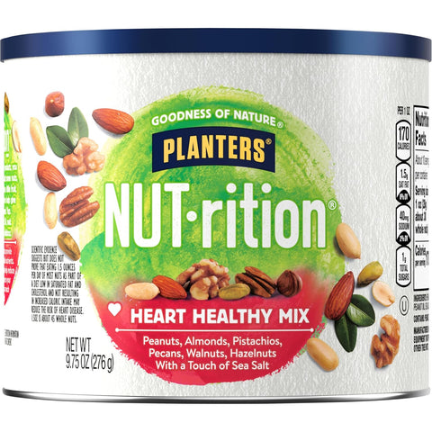 PLANTERS NUT-RITION Heart Healthy Mixed Nuts, Plant Based Protein, 9.75 Oz | Nuts: Peanuts, Almonds, Pistachios, Pecans, Hazelnuts, Walnuts. Canister. Snacks for Adults. Healthy Snacks