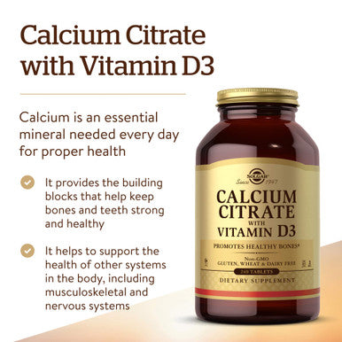 Solgar Calcium Citrate With Vitamin D3 240 Tablets - Promotes Healthy Bones & Teeth Supports Musculoskeletal & Nervous Systems - Non-Gmo Gluten Free Dairy Free Kosher Halal - 60 Servings
