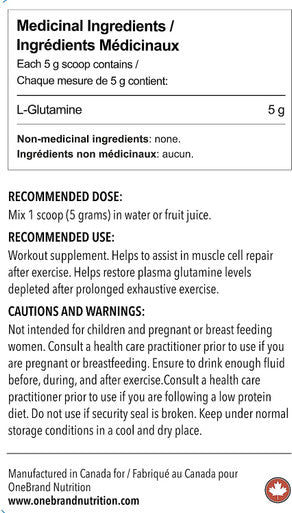 One brand Nutrition Glutamine 100% PURE Powder Vegan (500g) 1.1lb | Unflavoured L-Glutamine | 100 Servings