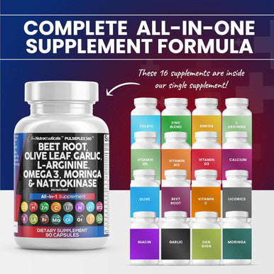 Clean Nutraceuticals Beet Root Capsules 6000Mg Olive Leaf 6000Mg Nattokinase 4000 Fu Garlic Extract 2000Mg L-Arginine 400Mg Omega 3 Red Yeast Rice Hibiscus Danshen - Healthy Support Supplement - 90 Ct