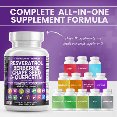 Resveratrol Berberine Grape Seed Quercetin Polyphenol Supplement 60 ct