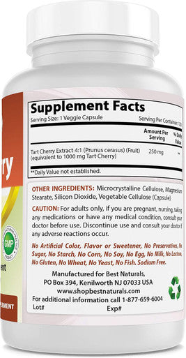 Best Naturals Tart Cherry Extract 1000 mg (Non-GMO) Veggie Capsules - Promotes Healthy Uric Acid levels within normal range Healthy Joint Function & Promotes Healthy Sleep Cycle 120 Count