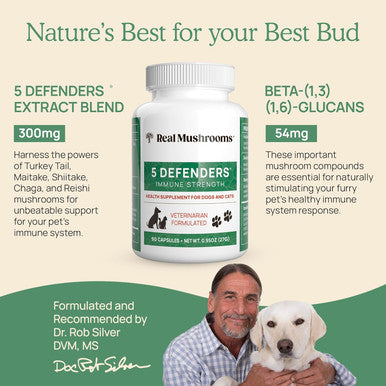5 Defenders Mushroom Supplement For Cats & Dogs Chaga, Shiitake, Reishi, Turkey Tail, Maitake Cat Multivitamin & Dog Supplement For Wellness Support 90 Ct Real Mushrooms Powder Capsules