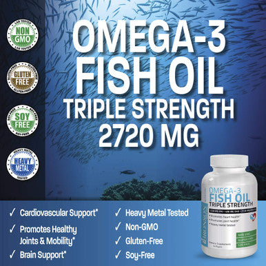 Bronson Omega 3 Fish Oil Triple Strength 2720 Mg, High Epa 1250 Mg Dha 488 Mg, Non-Gmo Heavy Metal Tested, 180 Softgels